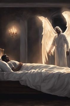 an angel appears to be in bed with another man who is looking at him from the other side