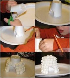 there are four pictures showing how to make marshmallows for the snowman