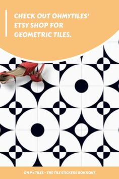 a black and white tiled floor with an orange circle above it that says check out ommit's etsy shop for geometric tiles