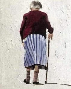 an old woman walking with a cane and wearing a blue striped skirt, in front of a white wall