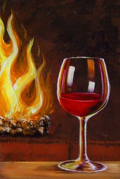 a painting of a glass of red wine next to a fire place with flames in the background