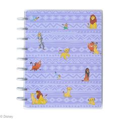 a spiral notebook with the lion king and his friends on purple patterned paper, front view