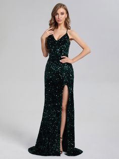 Peacock Green Backless Evening Dress With Sweep Train, Green V-neck Party Gown, Green V-neck Evening Dress With Sequins, Green V-neck Maxi Dress With Sweep Train, V-neck Sequin Wedding Gown, Green V-neck Gown For Banquet, Sequined V-neck Wedding Gown, Glamorous V-neck Gown For Banquet, Green V-neck Evening Dress For Wedding