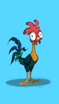 a cartoon chicken holding a potted plant in its beak and looking at the camera