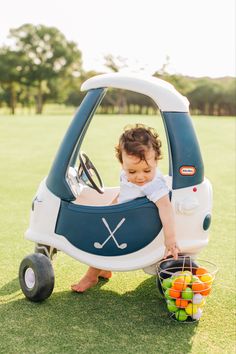 1st Birthday Golf Pictures, Golf Birthday One Year Old, Golf Cozy Coupe, Hole In One Photo Shoot, Golf First Birthday Photoshoot, Baby Golf Birthday Party, Cozy Coupe Golf Cart, Golf One Year Old Party, Masters First Birthday Party