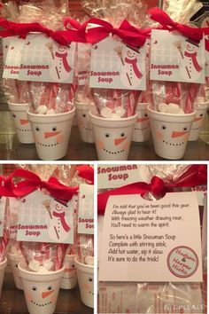 some cups with candy in them and a red ribbon around the top one has a sign on it that says woman soap