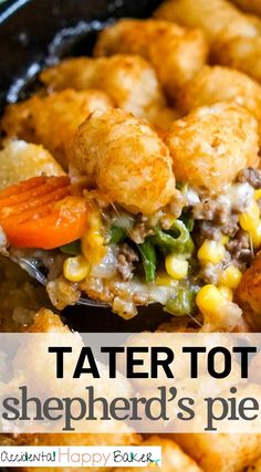 tater tot shepherd's pie with carrots and corn on top in a skillet