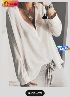 White Solid Long Sleeve V Neck Casual Tops White Solid, Fashion History, White Long Sleeve, Sleeve Cotton, Casual Tops, Shirt Blouses, Bell Sleeve Top, Casual Fashion, Types Of Sleeves