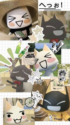 an image of some cats with hats and stickers on their faces in different pictures