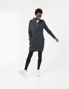 Try this supersoft cotton-blend sweatshirt dress for a relaxed contemporary style. Featuring a bold quarter neck zip, long sleeves and side pockets. Wear it with trainers or pair with tights and your favorite boots for a stylish evening look Sweatshirt Dress Outfit, Lululemon Sweatshirt, Sweater Dress Outfit, Black Sweats, Sweat Dress, Favorite Boots, Quarter Zip Sweatshirt, Classy And Fabulous, Dress Outfit