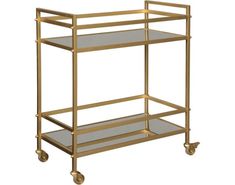 a gold metal and glass bar cart with two shelves on each side, one shelf is empty