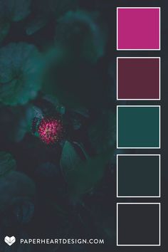 the color palette is dark green, pink and purple with some red flowers in it