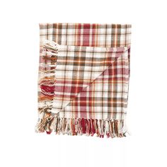 a red and white plaid blanket with fringes