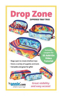 an advertisement for a children's bag with the words, drop zone zippered tray trio