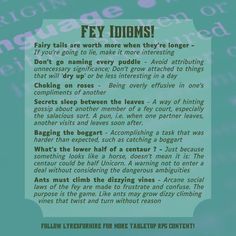 Dictionary-style text post containing Fey idioms for Dungeons & Dragons Dnd Fey Wanderer, Fairy Dragon Dnd, Fey Warlock Dnd, Dnd Forest Encounter Ideas, Fey Wild Dnd, Feylost Dnd, Fey Eladrin, Dnd Idioms, Dnd Fey Character