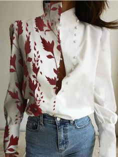 Stand Collar Blouse, Cheap Blouses, Blouse Online, Collar Blouse, Work Blouse, Work Shirts, White Shirt, Batik