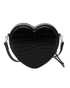 A mini crossbody bag in a croc-effect embossed finish, this heart-shaped design is embellished with a Medusa plaque at the heart's center and is perfect for storing all your little one's treasures. Color: Black Material: Calf Leather Style# 1006506 1A09141 Leather Heart-shaped Bag With Adjustable Strap, Chic Heart-shaped Leather Bag, Heart-shaped Leather Shoulder Bag, Heart-shaped Leather Shoulder Bag For Gift, Black Leather Heart-shaped Bag, Heart-shaped Leather Shoulder Bag Gift, Luxury Leather Heart-shaped Shoulder Bag, Luxury Leather Heart-shaped Bag, Luxury Heart-shaped Shoulder Bag With Detachable Strap