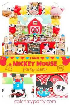 mickey mouse birthday party with balloons, decorations and farm animals on the table for kids to play in