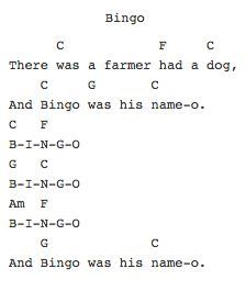 an old song with the words bingo written in black and white on top of it