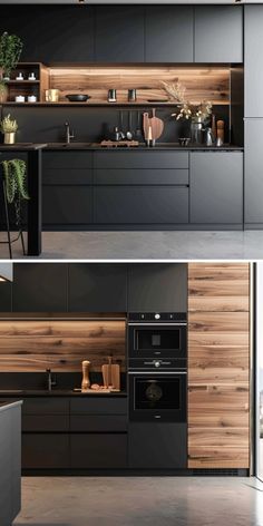 two pictures of the same kitchen with black cabinets and wood paneling on the walls