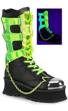 GRAVEDIGGER-255 Black & UV Green Harness Boots-Demonia-Tragic Beautiful Black Light Up Shoes, Emo Boots, Hologram Shoes, Goth Platform Boots, Goth Platforms, Demonia Boots, Alternative Shoes, Demonia Shoes, Black Platform Boots