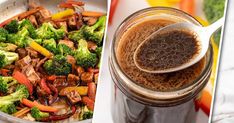 broccoli, carrots and other vegetables are being stirred in a glass jar