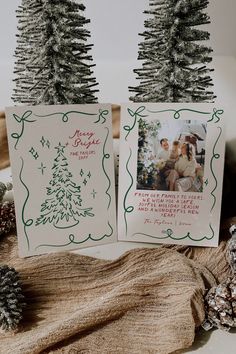 A festive holiday card featuring a hand-drawn Christmas tree design with "Merry + Bright" and customizable family details, perfect for seasonal greetings.