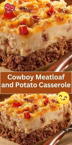 cowboy meatloaf and potato casserole is shown with the title above it