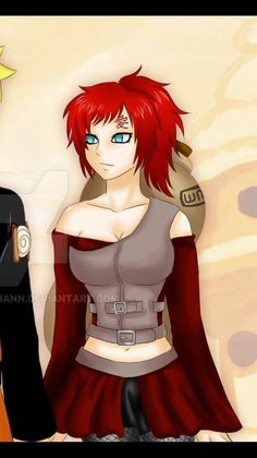 two anime characters one with red hair and the other wearing black, standing next to each other