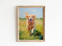 a painting of a golden retriever running in a field