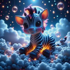 a cartoon zebra sitting in the clouds surrounded by bubbles and sparkles with its eyes closed