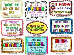 colorful classroom signs with different sayings and pictures on the front, in bright colors