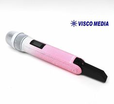 a pink and white electronic device on a white background with the visco media logo above it