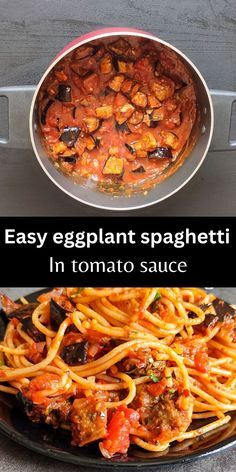 Collage of a image of roasted eggplant cubes with tomato sauce in a pot and another image of eggplant spaghetti. Spaghetti Sauce With Eggplant, Pasta Sauce With Eggplant, Eggplant Bolognese Sauce, Eggplant And Noodles Recipes, Eggplant And Pasta Recipes Dinners, Eggplant In Tomato Sauce, Spaghetti Eggplant Recipes, Eggplant With Spaghetti, Eggplant Spaghetti Recipes