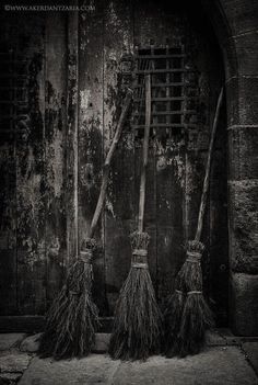 black and white photograph of brooms leaning against an old door