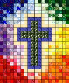 the cross is made up of many different colored squares and colors are all over it