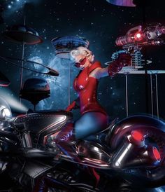 a futuristic woman riding on the back of a motorcycle in front of a space background