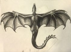 a black and white drawing of a dragon with its wings spread out in the air