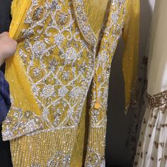 Heavy Stone Work Brand New Gulu Designer Salwar Kameez Yellow Wedding Dress With Dupatta, Embellished Yellow Sharara For Eid, Festive Yellow Embellished Sharara, Fitted Yellow Dress For Festivals, Fitted Yellow Dresses For Festivals, Elegant Embellished Yellow Sets, Elegant Yellow Embellished Sets, Yellow Party Wear Sharara With Dupatta, Elegant Yellow Sharara With Dupatta