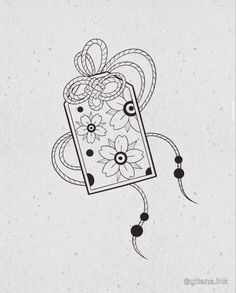 a drawing of a cell phone with flowers on the front and back side, attached to a string