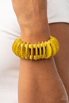 Infused with yellow wooden beads, distressed yellow wooden crescents are threaded along stretchy bands around the wrist for a summery look. Sold as one individual bracelet. Paparazzi Accessories Jewelry, Yellow Wood, Yellow Bracelet, Pink Jewels, Rose Gold Beads, Wooden Bracelet, Wood Bracelet, Wood Necklace, Paparazzi Accessories