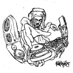 a black and white drawing of a dj playing music