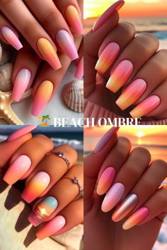 Capture the gradient of a beach sunset with soft, blended hues of pink, orange, and yellow. 🌅 🏝 Beach Ombre | Summer Toe Nails  #SummerNails #NailArt #NailInspo #SummerVibes #TropicalNails #BeachNails #NailDesigns #MermaidNails #FloralNails #Summer2024 Pastel Sunset Nails, Sunrise Ombre Nails, Pink Sunset Nails, Summer Sunset Nails, Orange And Yellow Ombre Nails, Sunset Acrylic Nails, Sunset Nails Ombre, Pink And Orange Ombre Nails, Sunset Ombre Nails