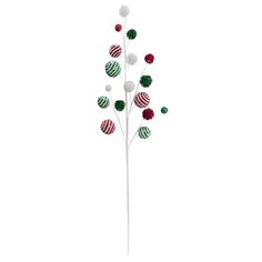 a tall white pole with christmas decorations on it's top and one green, red and white ball in the middle