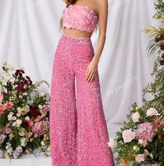 Beautiful Pinkelegant Floral Applique Tube Top & Sequin Wide Leg Pants 2 Pc Set Zipper Shirred Tops Material: Mesh Fabric Pants Material: Sequins Composition: 95% Polyester 5% Elastane High Waist Flare Pants, Sequin Pants, Bell Bottom Pants, Sequin Fabric, Flare Pants, Tube Top, Bell Bottoms, Fashion Pants, Music Video