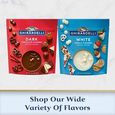 two bags of chocolate and marshmallows with the words shop our wide variety of flavors