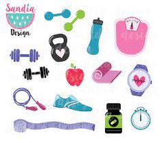 an assortment of sports related items are shown in this graphic file, including shoes, dumbs, water bottles and other athletic equipment