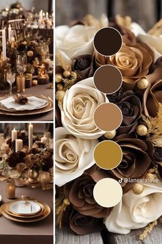 the table is set with gold and brown flowers, candles, and napkins on it