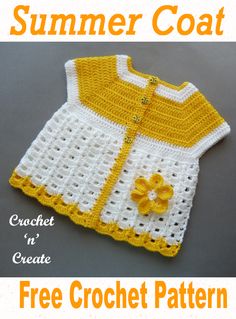 a crocheted baby sweater with flowers on the front and bottom, in yellow and white