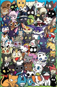 an image of many different cartoon cats in the same color and size, all together